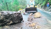 TRABAJOS. Para retirar la piedra de la A-319, los servicios de conservación y mantenimiento de carreteras de la Junta emplearon maquinaria pesada. 