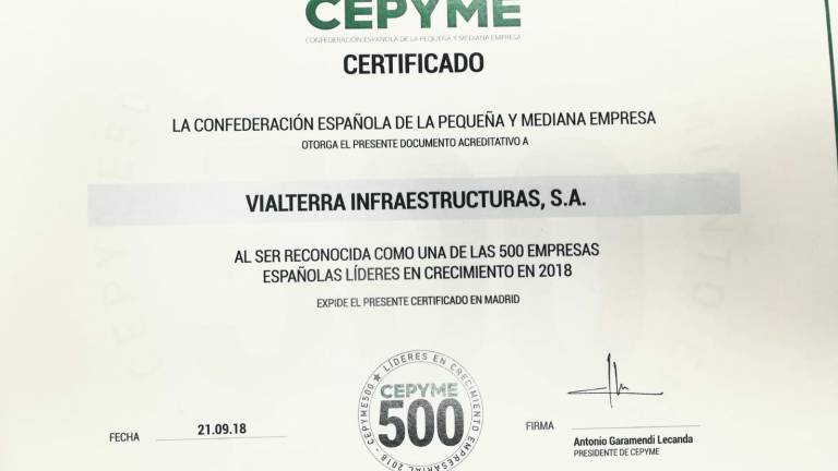 Vialterra Infraestructuras es premiada por su crecimiento